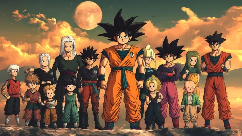 Anime ensemble lineup under dramatic dusk sky composition.