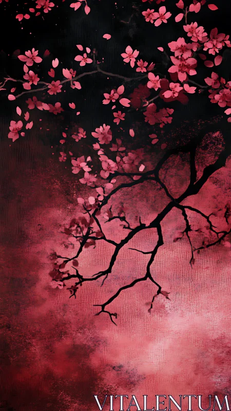Digital painting of cherry blossoms with noir tonal contrast.