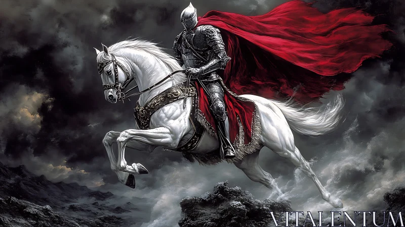 Knight in full armor rides white horse through storm clouds