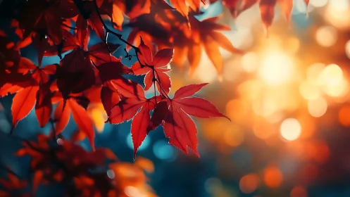 Red maple leaves hang sharply against blurred warm bokeh light