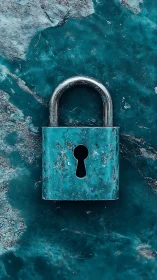 Weathered turquoise padlock mounted on corroded metal surface