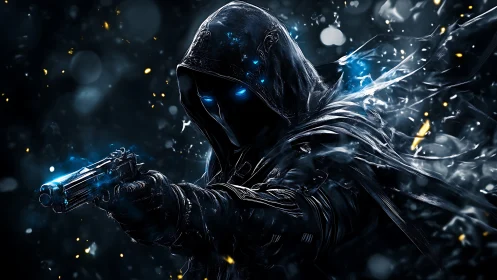 Midnight gunslinger cloaked in crackling blue starlight.