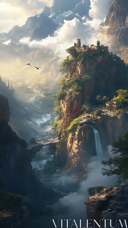 Clifftop fortress watches over misty fantasy valley landscape.