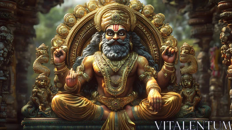 Ornate golden sage deity on lotus throne, hyper-detailed render.