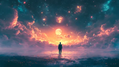 Solitary figure walks toward luminous cosmic horizon glow.