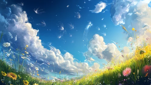 Curved wildflower meadow arcs beneath expansive cumulus sky