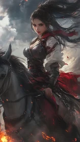 Female warrior on horseback in dynamic stormy battlefield.