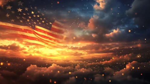 American flag glowing over dramatic sunset clouds sky.