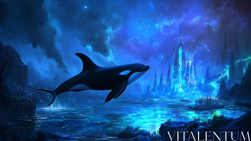 Bioluminescent orca over luminescent ocean and spire city