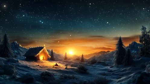 Starlit winter cabin cradles sunrise in frosted silence.