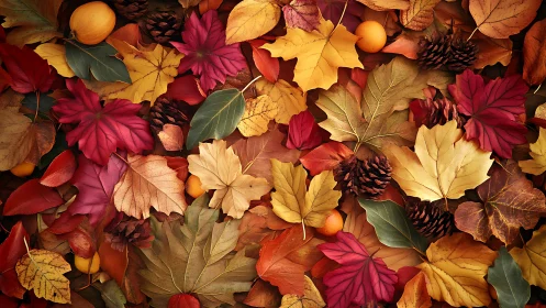 Chromatic macro array of autumn foliage and conifer cones.