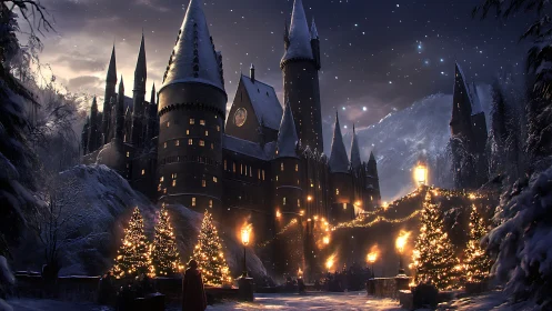 Snow-covered castle courtyard glowing with festive lights.