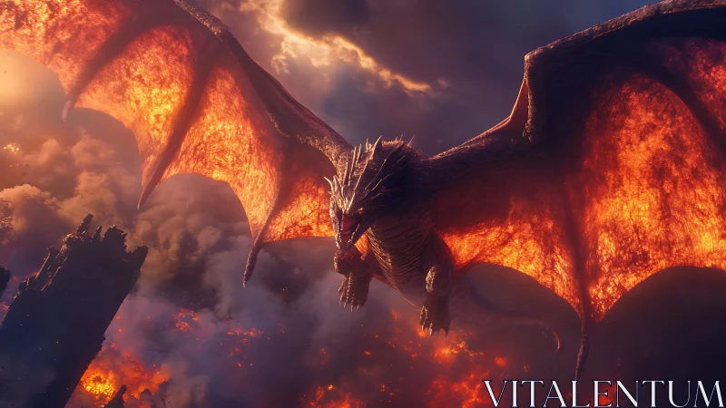 Fire dragon flies over burning city amid dense smoke