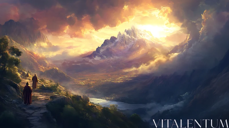 Monks walking toward radiant sunrise over mystic mountains.