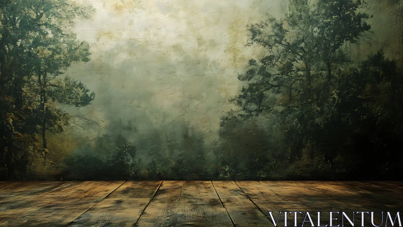 Wooden Deck Overlooking Misty Forest Landscape