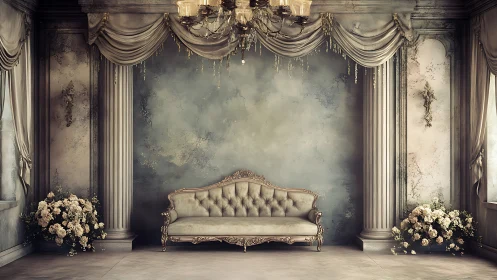 Neoclassical salon interior with tufted settee and draped valances