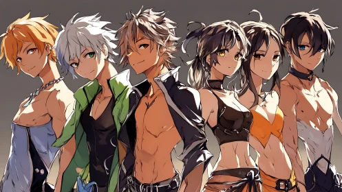 Stylized anime ensemble in warm gradient studio lighting.