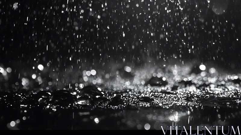 Glistening raindrops over wet pavement in monochrome focus.