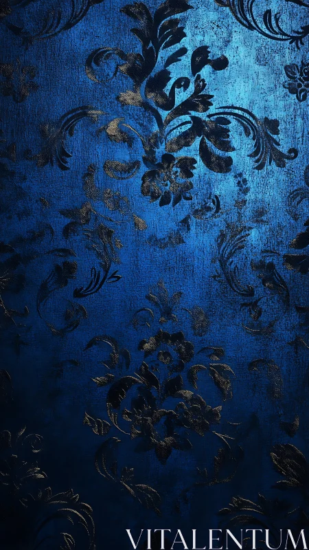 Dark floral damask pattern on textured blue surface.