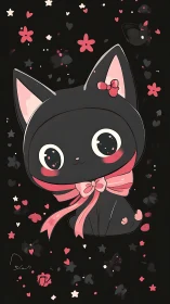 Kawaii black cat portrait with pink bow and stars.