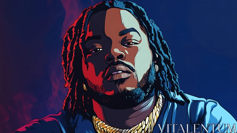 Bold portrait of confident rapper in vivid neon light.