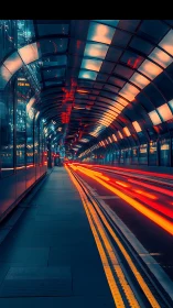 Neon city tunnel with glowing light trails at night.