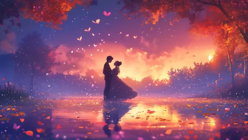 Luminescent Lovers Dance. Twilight Water Magic Moment.