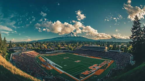 Wide-angle stadium panorama integrates mountainous horizon under clouds