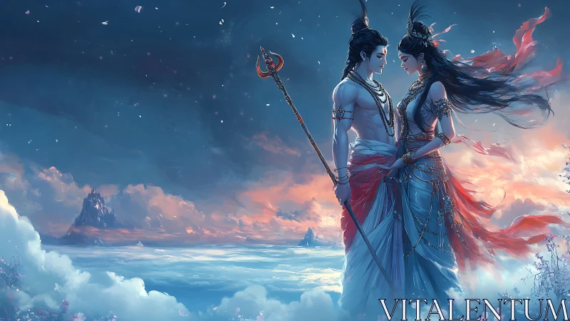 Divine lovers poised above ethereal ocean at sunrise.