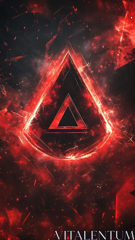 Glowing red triangular emblem on dark fractured background.
