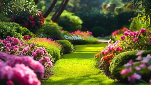 Flower bordered garden path curves through dense green lawn