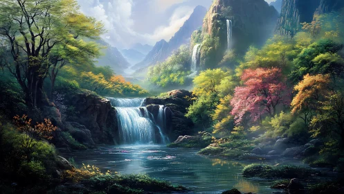 Sunlit mountain waterfall cascades through lush forest valley
