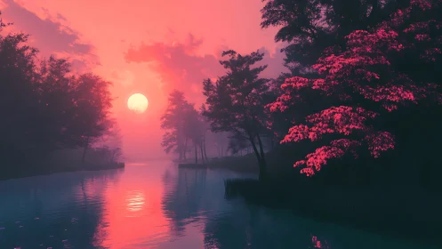 Neon dusk river under misty forest silhouettes at sunset.