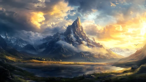 Dynamic alpine peak under volumetric sunrise illumination and fog