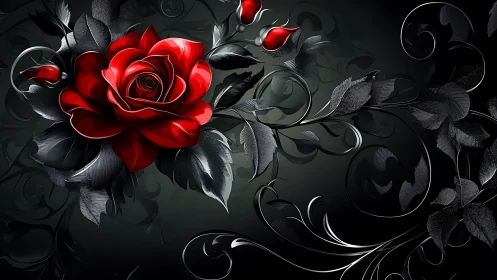 Crimson Rose with Baroque Scrollwork Against Dark Gradient Background