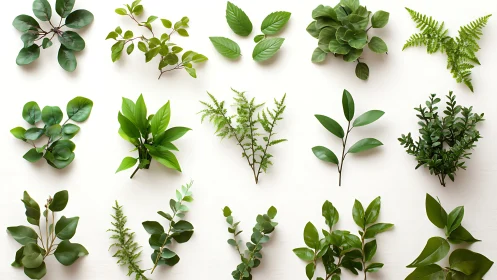 Flat-lay botanical collection with assorted green leaf stems.