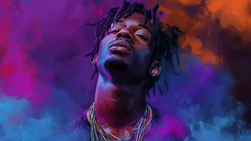 Vibrant digital portrait of man in neon vapor clouds.