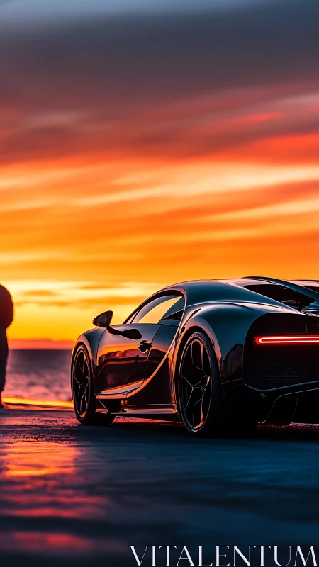Black supercar parked on wet coast at vivid sunset.