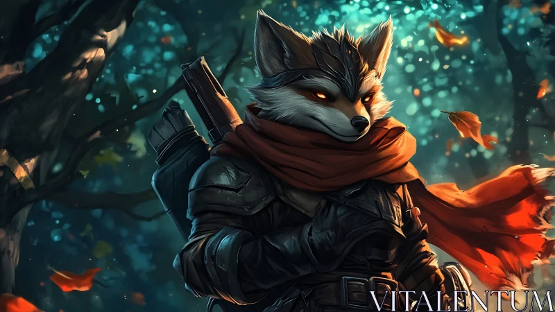 Fox ranger warrior in ember scarf patrolling autumn forest.