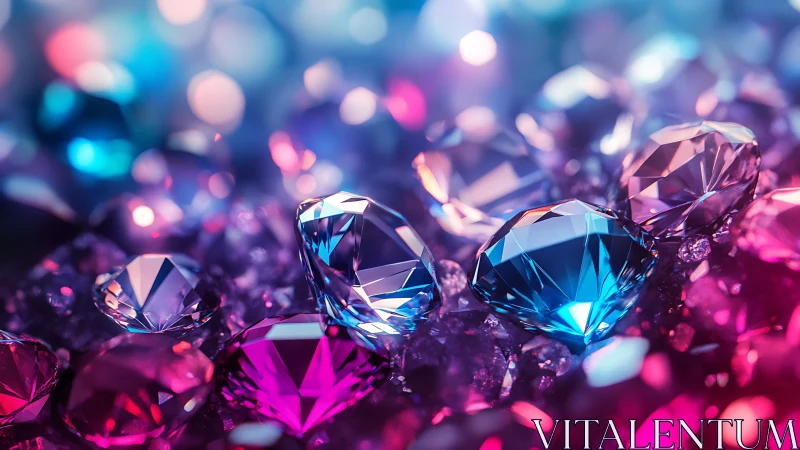 Radiant gemstones shimmer in neon pink and blue light
