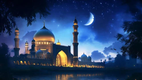 Moonlit golden mosque beneath star-filled indigo sky.
