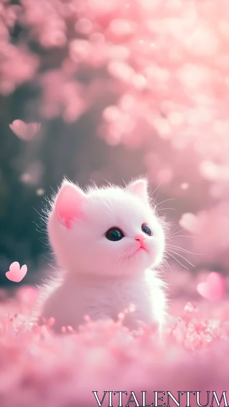 White kitten surrounded by soft pink bokeh and floating hearts.