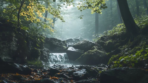 Misty Forest Waterfall Cascading Through Ancient Woods