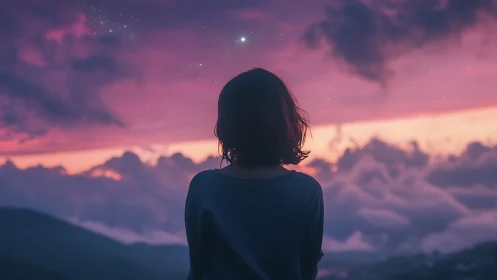 Silhouette person observes violet and pink dusk sky