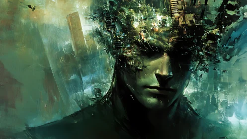 Fragmented digital mind emerges from shadowed teal void