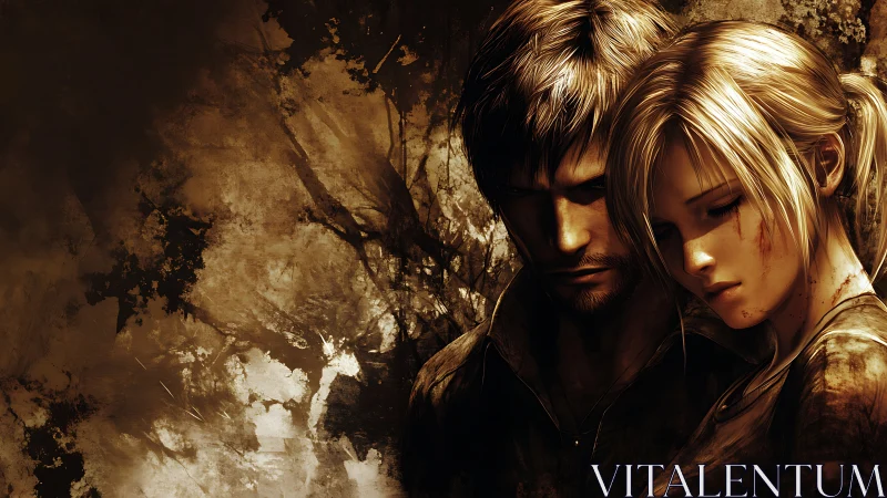 Somber warrior couple in sepia-toned emotional embrace.