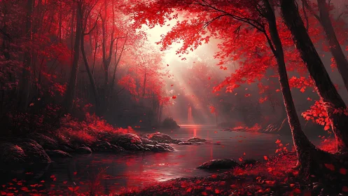 Red Forest Stream at Dusk With Luminous Autumn Light