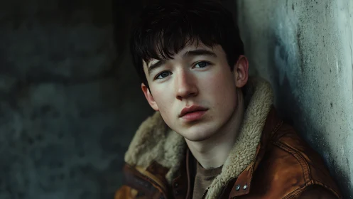 Brooding young man in shearling jacket against concrete wall.