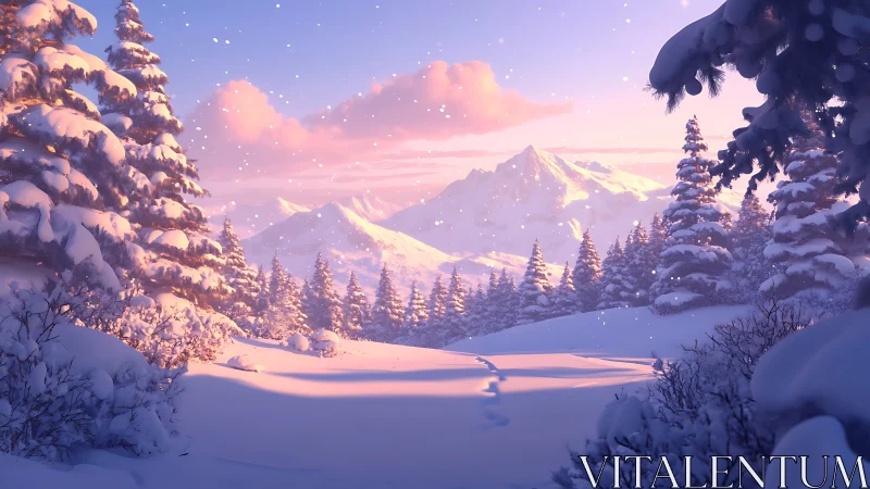 Snowy alpine valley under pastel sunset glow