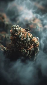 Cannabis flower macro in dense surrounding smoke haze.